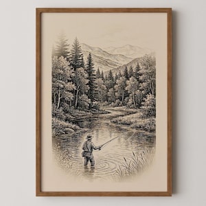 Vintage Fly Fishing Engraving Print - Rustic Mountain River - Angler Wall Art