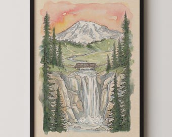 Mount Rainier Watercolor Print - Cascade Waterfall Landscape Wall Decor