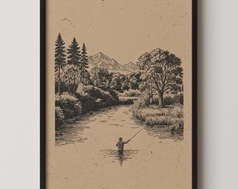 Vintage Fly Fishing River Ink Sketch Print - Rustic Mountain Angler - Cabin Wall Decor