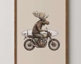 Funny Moose on Motorcycle Print - Vintage Biker Surfer Wall Decor