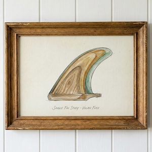 Könnte beinhalten: Gerahmte Aquarell-Illustration einer einzelnen Finne mit Holzmaserung und hellblauem Rand. Der Text "SINGLE FIN STUDY - VOLAN FLEX" steht darunter. Der Rahmen ist aus braunem Holz.