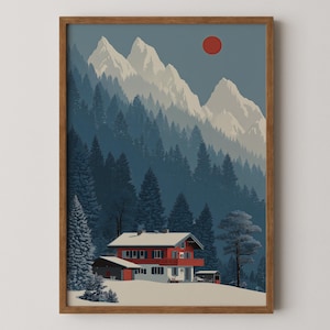 Lámina artística de un chalet alpino invernal - Cabaña suiza roja - Decoración de pared de montaña nevada