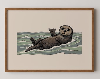 Retro Shaka Otter Art Print - Playful Coastal Surf Wall Decor