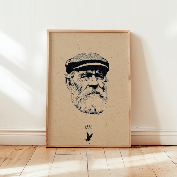Old Fisherman Ink Portrait Print - Vintage Sailor - Nautical Heritage Wall Art