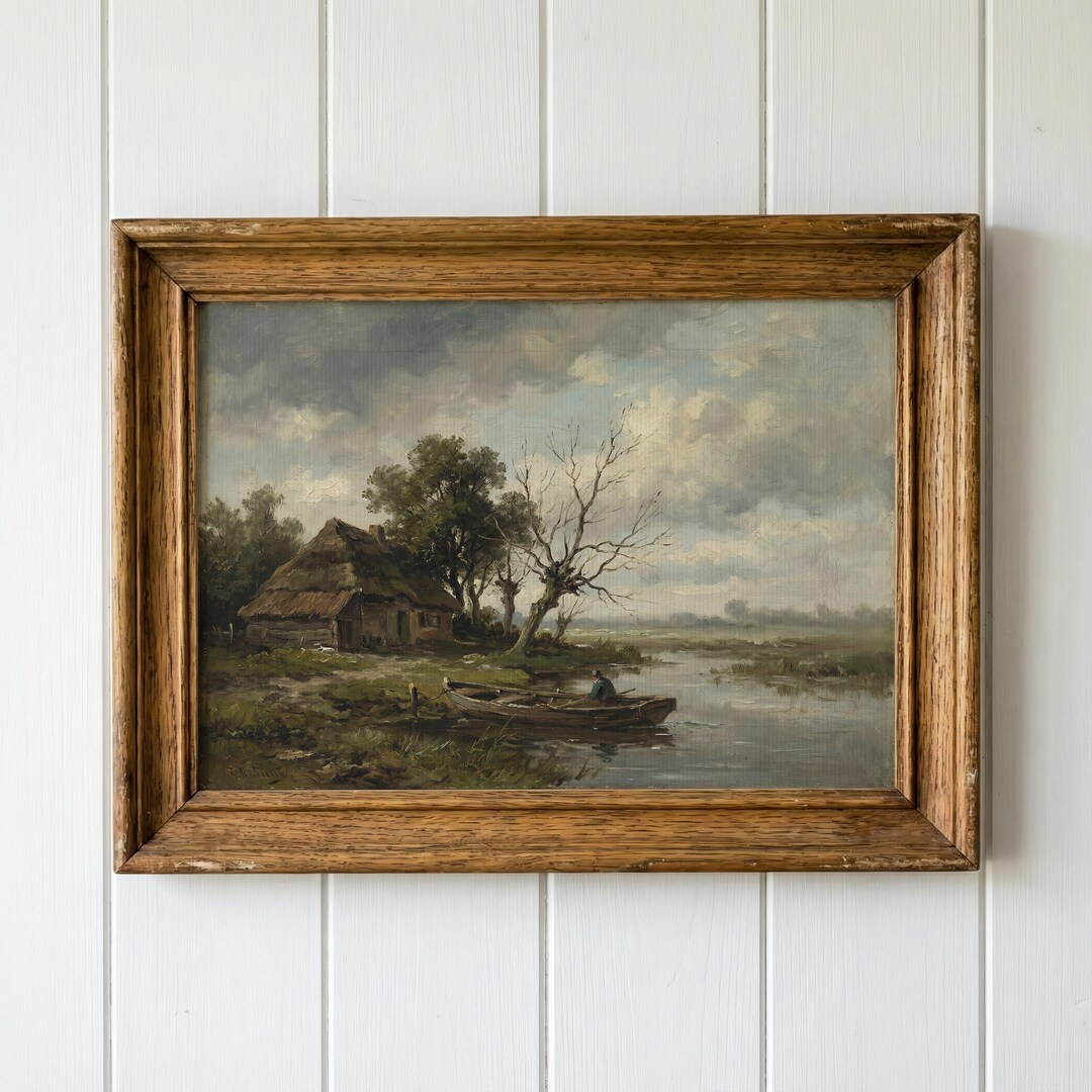 Vintage Cottage River Oil Painting - Rustic Pastoral Landscape ...
