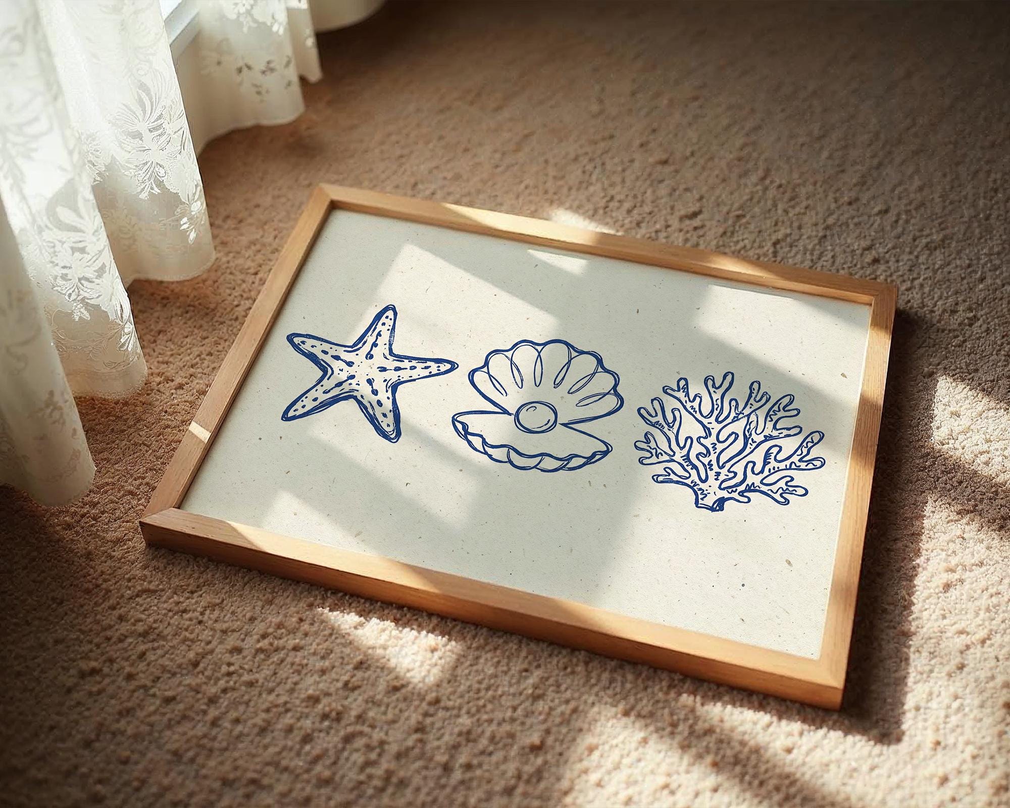 Blue Coastal Seashell Trio Art Print - Starfish Shell Coral Beach House ...