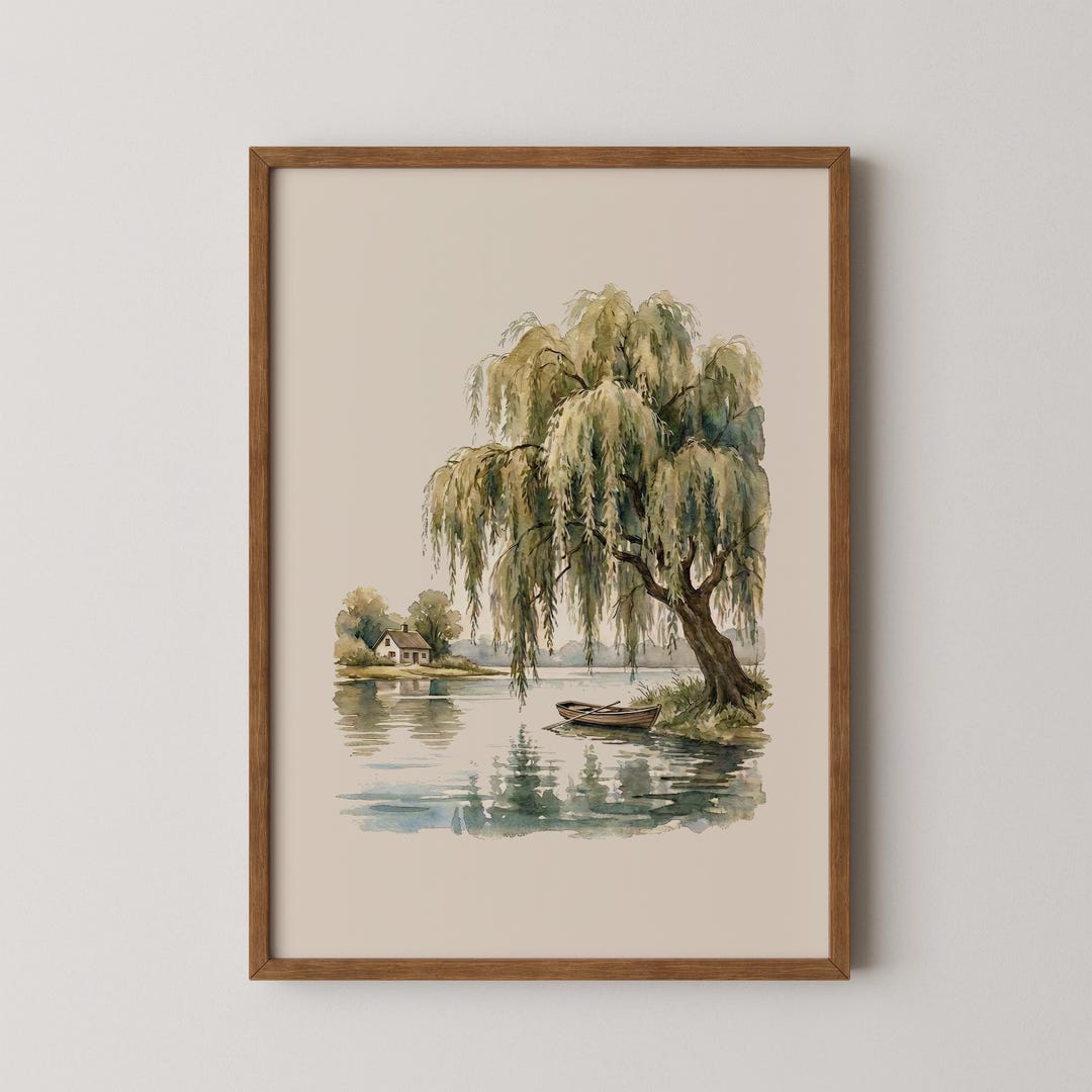 Weeping Willow Tree Watercolor Art Print - Serene Lakeside Cottage Wall ...