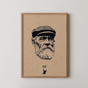 May include: A framed print featuring a black and white illustration of an elderly man with a full beard and a cap. The print is set against a tan background and includes the year "1880" with a bird graphic below.