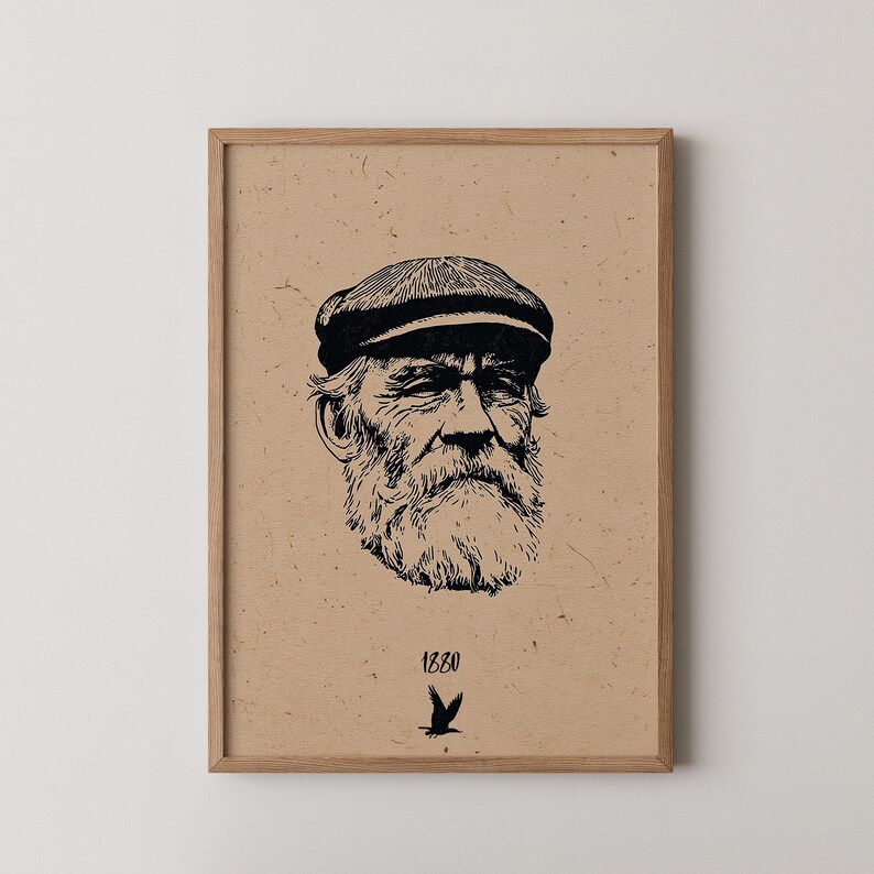 May include: A framed print featuring a black and white illustration of an elderly man with a full beard and a cap. The print is set against a tan background and includes the year "1880" with a bird graphic below.
