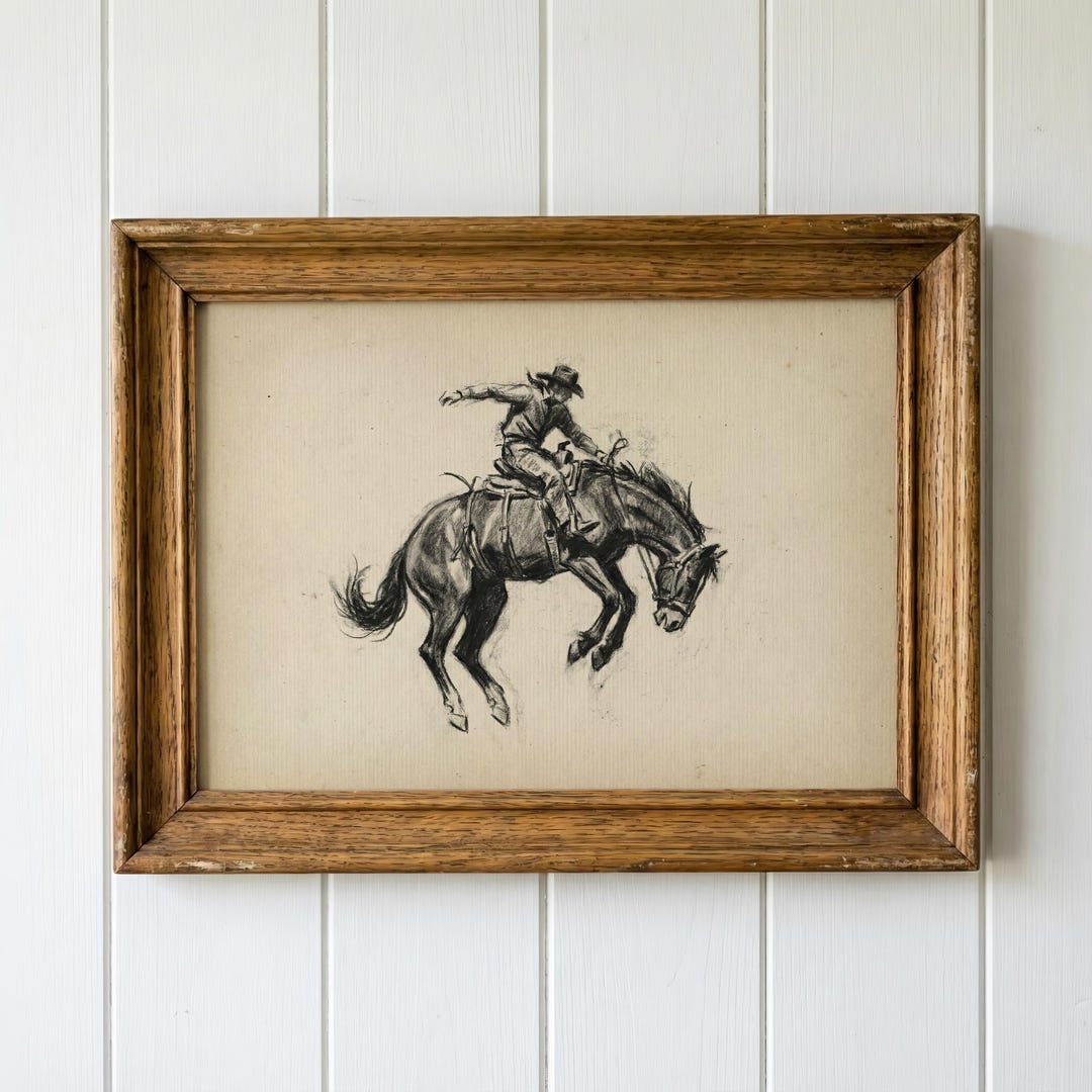 Vintage Bronc Rider Charcoal Sketch Art Print - Retro Rodeo Cowboy Wall ...