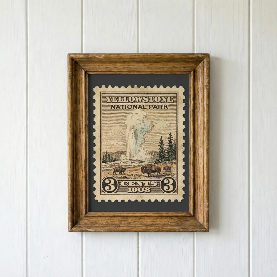 Vintage Yellowstone National Park Stamp Art Print - Retro Bison Geyser ...