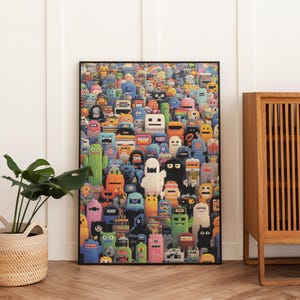 May include: A framed art print featuring a colorful pixelated illustration of numerous whimsical characters. The artwork showcases a variety of shapes, colors, and designs, creating a vibrant and playful composition. The print is displayed in a black frame, adding a modern touch to the artwork.