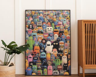 Impresión artística de una multitud de monstruos de píxeles coloridos: decoración de pared con sátira de videojuegos retro de 8 bits