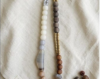 Handmade Asymmetrical Statement Necklace in Cream Grey Wood and Gold