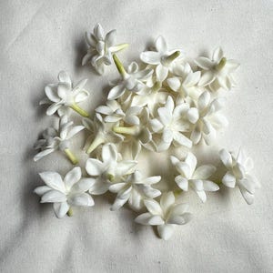 May include: A collection of white jasmine flowers with star-shaped petals and green stems, arranged on a white fabric surface. The flowers are in various stages of bloom, showcasing their delicate structure.