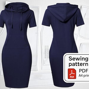 Pocket Knee Length Slim Pullover Hoodie Dress Pattern | PDF sewing pattern  for beginner-friendly DIY project