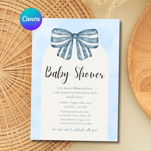 Blue Bow Baby Shower Invitation Template, Printable Coquette Bow Baby Boy Shower Card, Canva Editable Soft Blue Invite Template