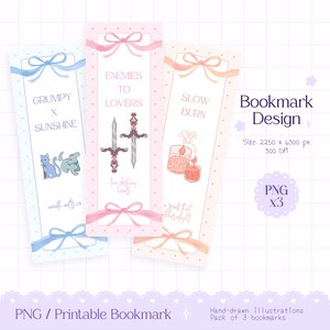 May include: Three printable bookmarks with watercolor designs. One bookmark has the text "GRUMPY X SUNSHINE" and illustrations of two cartoon animals. Another says "ENEMIES TO LOVERS" with sword illustrations. The third says "SLOW BURN" with candle illustrations.