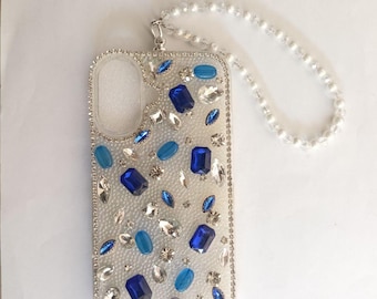 Handmade  Crystal Rhinestone Phone Case with Pearl Strap | Luxury Bling Phone Cover | Stylish Gift Case