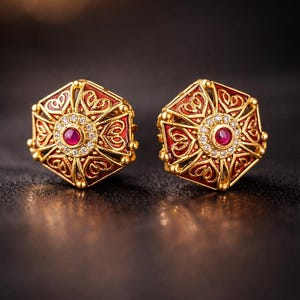 May include: A pair of ornate gold-colored stud earrings. Each earring features a hexagonal design with red enamel and a central ruby surrounded by small clear stones. The earrings have intricate filigree patterns.