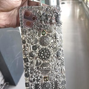 Handgjort IPHONE 18 PRO & Max oxiderat silvertelefonskal: Indiskt boho nyckelringsfodral