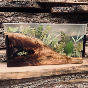 Walnut Greenery Epoxy Resin Tray, serving board, metal handles, charcuterie board, personalized wedding gift , 18”x9", realtor gift