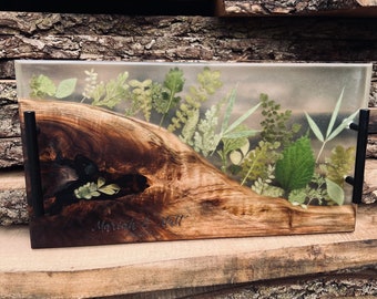 Walnut Greenery Epoxy Resin Tray, serving board, metal handles, charcuterie board, personalized wedding gift , 18”x9", realtor gift