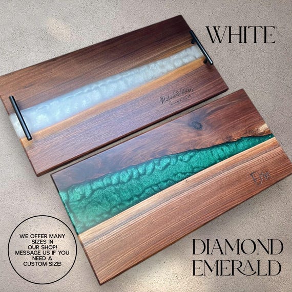 Personalized Walnut Live Edge Epoxy Charcuterie Board: 24”x12” Tray with Metal Handles