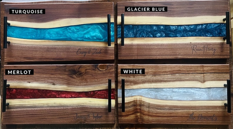 May include: Four wooden serving trays with epoxy resin inlays. The trays are in turquoise, glacier blue, merlot, and white. Each tray has a personalized inscription.