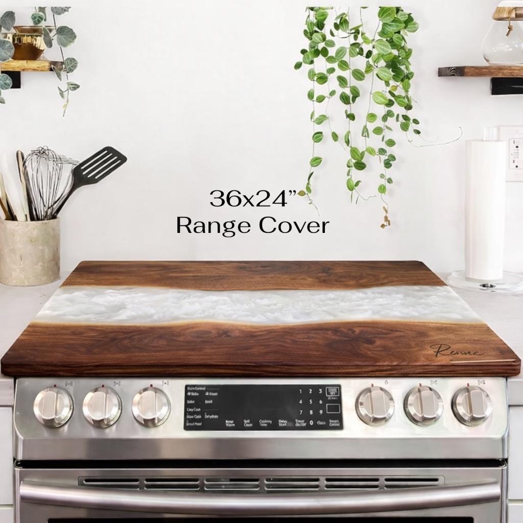 36”x24” Walnut and Epoxy Gas Range Cover: Personalized Noodle