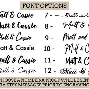 May include: A list of 12 different font options for names, with the text "Matt & Cassie" displayed in each font style. The text "Choose a number - a proof will be sent via Etsy messages prior to engraving" is at the bottom of the image.