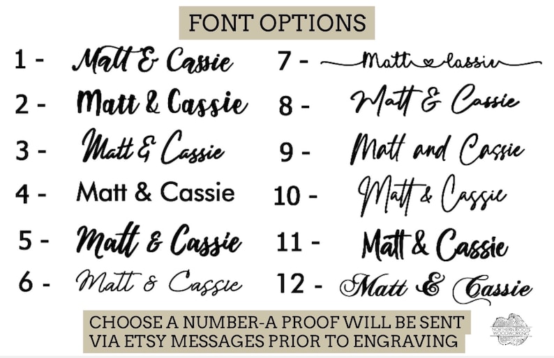 May include: A list of 12 different font options for names, with the text "Matt & Cassie" displayed in each font style. The text "Choose a number - a proof will be sent via Etsy messages prior to engraving" is at the bottom of the image.