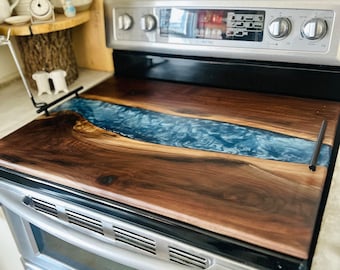 Epoxy Resin Stove Top Cover, Noodle Board, wood stove cover, live edge walnut cutting board, range cover, custom kitchen