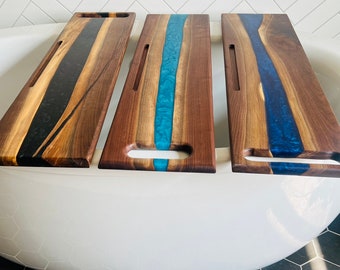 Epoxy and Wood Bath Tray: 35x9 Live Edge Walnut Bath Caddy
