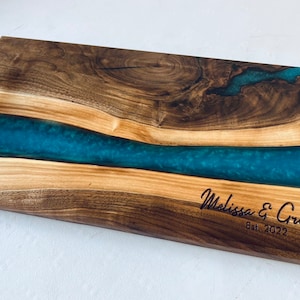 Walnut Epoxy Resin Live Edge Cheese Tray, serving board, metal handles, charcuterie board, personalized wedding gift , 18”x9", realtor gift