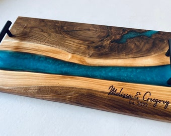 Walnut Epoxy Resin Live Edge Cheese Tray, serving board, metal handles, charcuterie board, personalized wedding gift , 18”x9", realtor gift