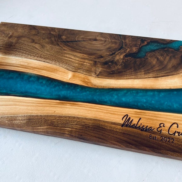 Walnut Epoxy Resin Live Edge Cheese Tray, serving board, metal handles, charcuterie board, personalized wedding gift , 18”x9", realtor gift