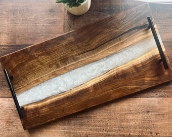 24x12” Walnut epoxy resin live edge cheese tray, Ottoman tray, serving board, metal handles, charcuterie board, personalized, wedding gift