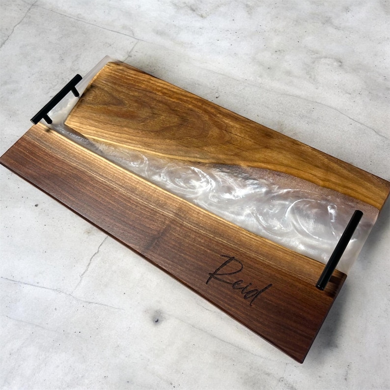 Personalized Walnut Epoxy Resin Charcuterie Board: 18” Serving Tray with Metal Handles image 2