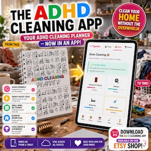 May include: A spiral-bound ADHD Cleaning Planner with black and white cleaning icons next to a tablet displaying the Dopamine app interface. The screen shows a Zone Cleaning dashboard with categories for Entrance, Dining, Kitchen, Bedrooms, and Bathrooms.