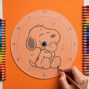 Puede incluir: Una esfera de reloj circular y translúcida con un boceto a lápiz de Snoopy abrazando a Woodstock. La esfera tiene los números del 1 al 12 impresos alrededor, la palabra START en la parte superior y un pasador central azul.