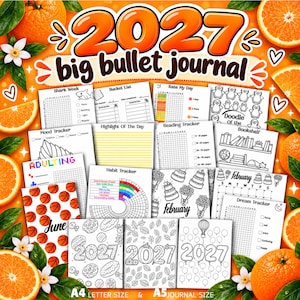 Könnte beinhalten: Ein 2027 großes Bullet Journal mit verschiedenen druckbaren Seiten, darunter Gewohnheits-Tracker, Stimmungstracker und Leseprotokolle. Das Design enthält schwarz-weiße Illustrationen von Basketbällen, Donuts und Blättern vor einem leuchtend orangefarbenen Hintergrund.