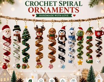 10 Christmas Spiral Ornaments Crochet Bundle Pattern, Spiral Crochet Spinning , Home Decor, Amigurumi Hanging Decor,crochet snowman