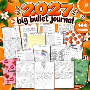 Può includere: Un grande bullet journal 2027 da 144 pagine, che presenta una raccolta di layout di pagine interne tra cui tracker delle abitudini, tracker dell'umore, calendari e registri di lettura con vari design grafici in bianco e nero e temi.