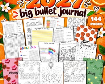 May include: A 2027 big bullet journal with 144 pages, featuring a collection of interior page layouts including habit trackers, mood trackers, calendars, and reading logs with various black and white graphic designs and themes.