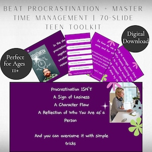 May include: A digital download titled "Beat Procrastination + Master Time Management | Teen Toolkit." The purple presentation includes text and images, including a person with a beard and a woman working on a computer. The toolkit is perfect for ages 11+.