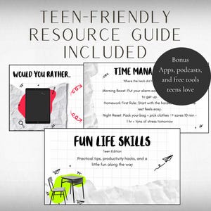 May include: A resource guide for teens with the text "TEEN-FRIENDLY RESOURCE GUIDE INCLUDED". The guide includes tips on time management and fun life skills. A black tablet is shown on a red background.