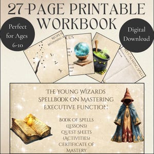 Puede incluir: Un cuaderno de trabajo imprimible de 27 páginas para niños de 6 a 10 años, con el tema de los jóvenes magos. Incluye lecciones, actividades y un certificado. La imagen muestra una túnica de mago, un libro abierto e ilustraciones mágicas.