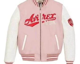 Handmade Pink Avirex Varsity Jacket: Retro Cowhide Leather Bomber, Avirex USA