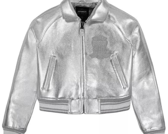 Metallic Silver Cropped Avirex Leather Bomber Jacket – Women’s Cowhide Avirex Style , Limited Edition